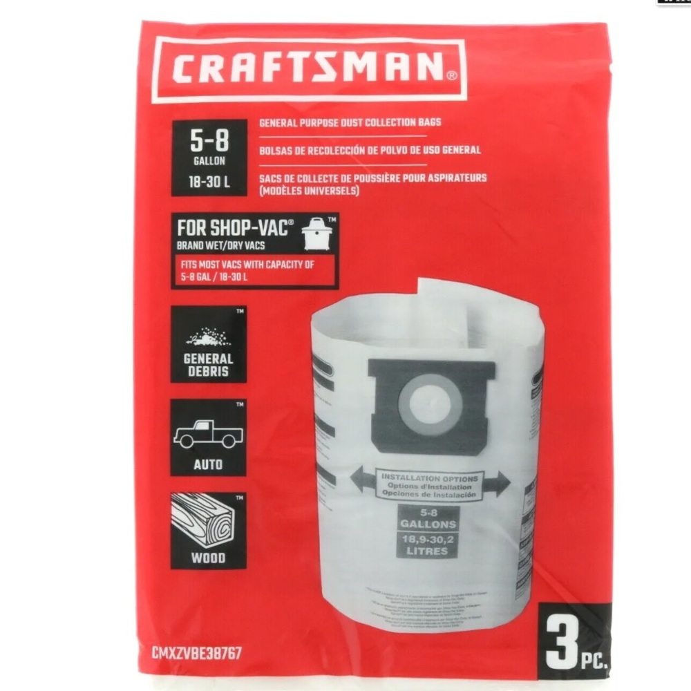 Craftsman Shop-Vac Wet/Dry Gen Purpose Dust Collection Bag 5-8 Gal~New (3pack)